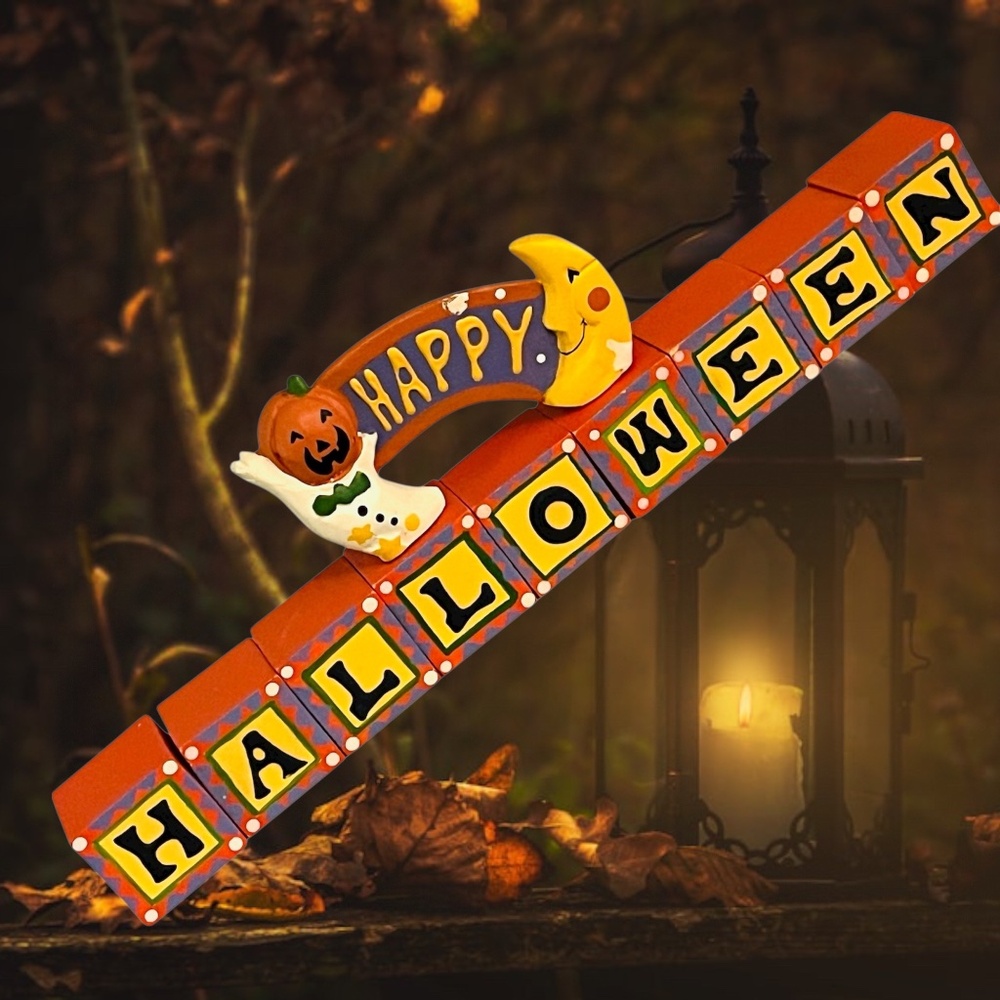 Midwest Importers Vintage Halloween Blocks Celestial Moon Ghost Pumpkin Decor
